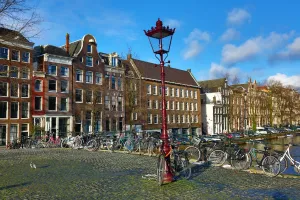 Traditional houses and a bridge over a canal on Herengracht in Amsterdam, Holland