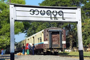 Mandalay, Myanmar: Train in the station in Amarapura, Mandalay, Myanmar (Burma)