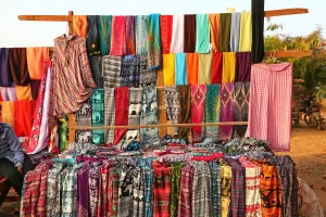 Stalls: Trouser and clothing stall at Pyathadar Hpaya Temple Pagoda on the Plain of Bagan