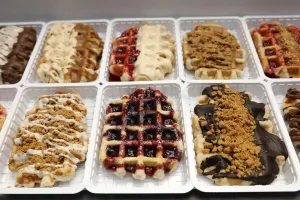 Shops: Various varieties of Belgian waffles on sale, Brussels, Belgium