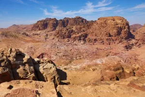 Heritage: View of sandstone rock formations overlooking the valley of the rock city of Petra