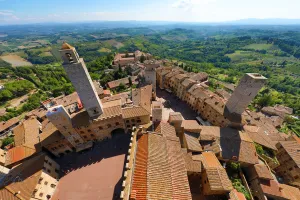 View from the Torre Grossa over the rooftops of San Gimignano and the Tuscan countryside