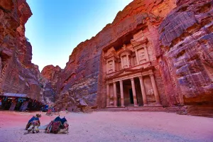 Heritage: View of the Treasury, Al-Khazneh, with camels, Petra, Jordan