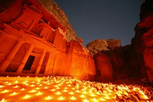 Heritage: View of the Treasury, Al-Khazneh, at night with candles, Petra, Jordan