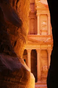 View of the Treasury, Al-Khazneh, from the Siq, Petra, Jordan