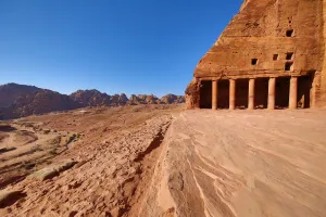 Heritage: View from the Urn Tomb of the Royal Tombs in the rock city of Petra, Jordan