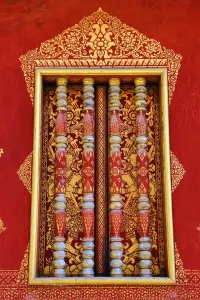Luang Prabang, Laos: Window decorations at Wat Sen temple, Luang Prabang, Laos