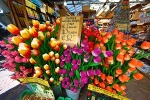 Souvenir: Wooden Tulip flowers on sale in the flower market in Amsterdam, Holland